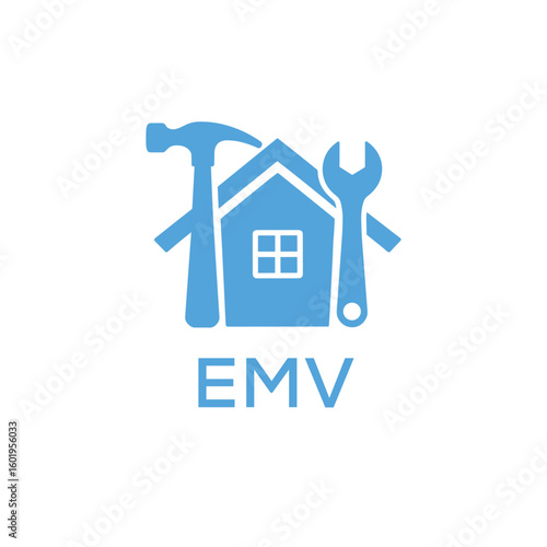 Home Repair Service Logo with Hammer and Wrench Icon –EMV Branding Design. EMV Letter Logo.
