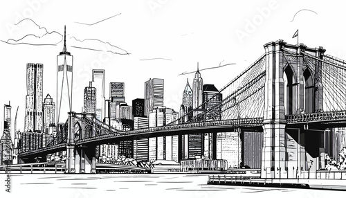A detailed pen and ink illustration of the Brooklyn Bridge and New York City skyline.