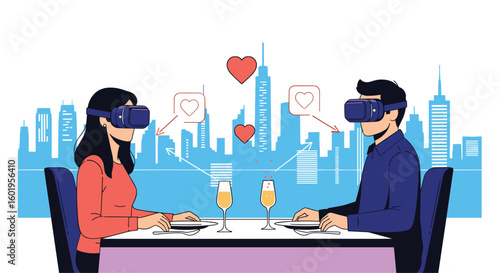 Immersive virtual reality dating experience connecting couples across distances in a digital cityscape