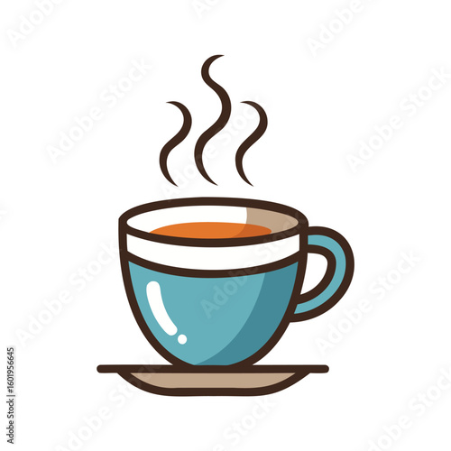 A steaming cup of hot beverage in a blue mug with a saucer isolated on white background