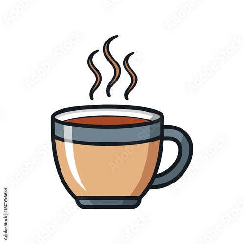 A steaming cup of hot coffee or tea with a handle isolated on white background