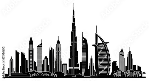 Silhouette of Dubai's skyline, showcasing iconic skyscrapers and modern architecture.