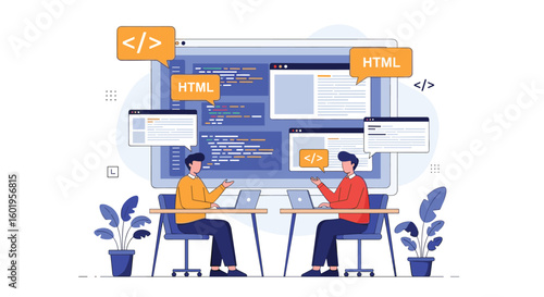 Two developers collaborating on a web development project with multiple code editors and browser previews visible on screen