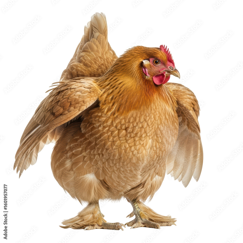 Fototapeta premium A vibrant brown chicken stands prominently, showcasing its feathers and red comb. This animal is a staple in agriculture, symbolizing farm life and food production.