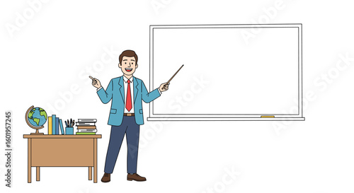 Enthusiastic teacher standing by a whiteboard with pointer and desk featuring globe and books explaining a subject in a classroom setting