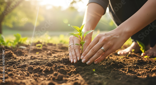 Close-up of hands planting a young seedling in rich soil during sunny day for environmental conservation and sustainable agriculture concepts