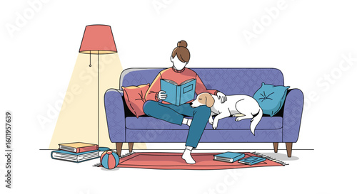 Cozy evening at home enjoying a good book with a loyal pet companion on the sofa