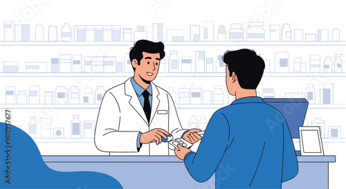 Pharmacist explains medication instructions to a patient at the pharmacy counter