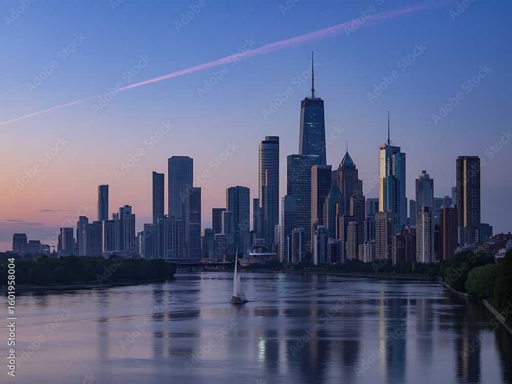Fototapeta premium Sailboat on river with modern city skyline at dusk
