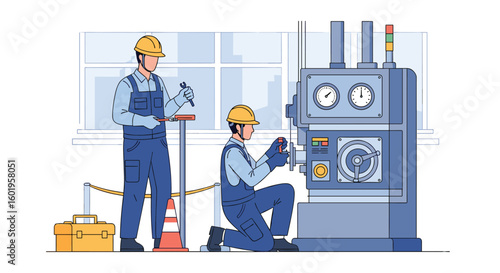 Skilled technicians in hard hats and overalls diligently performing maintenance and repairs on complex industrial machinery in a well-lit workshop environment