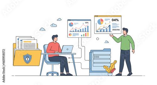 Analyzing financial data and business growth strategies with a team of professionals in a modern office environment