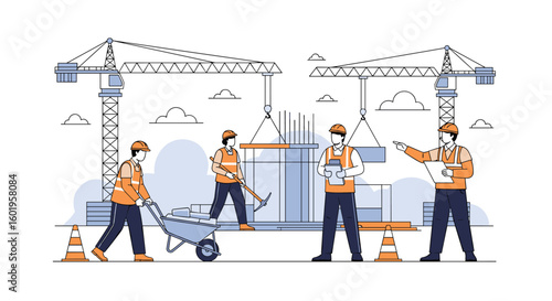Team of construction workers collaborating on a new building project under tower cranes