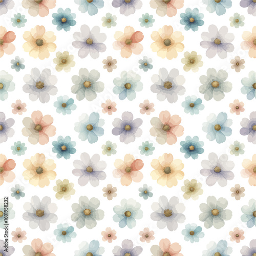 Charming seamless background with vintage-style watercolor flowers. Delicate pastel floral repeating pattern for design.