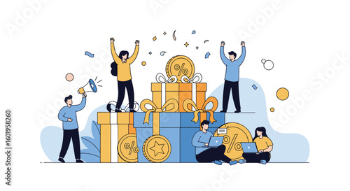 Successful team celebrating achievements and reaching financial goals with gifts and trophies