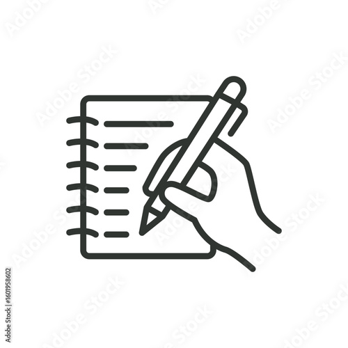 A line art icon of a hand writing on a notepad, representing writing, journaling, or taking notes.