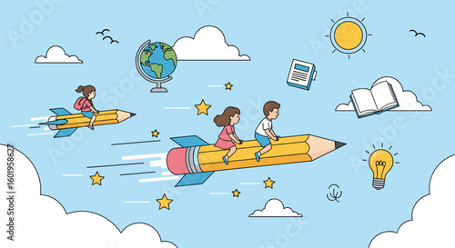 Children riding pencil rockets through the sky exploring the world of ideas and learning
