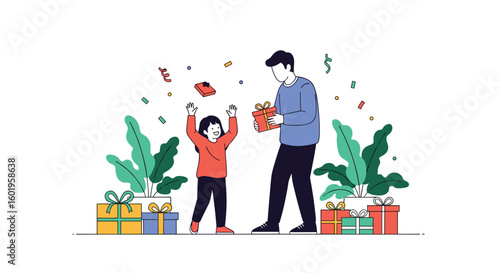 A father gives his child a surprise gift and the child is very happy and excited