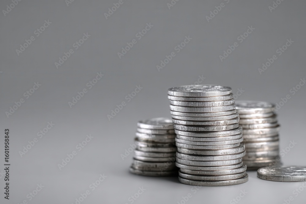 Piles of silver coins on a gray backdrop Piles of silver coins on a gray backdrop