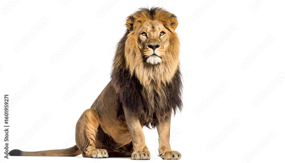 Fototapeta premium Majestic lion, seated, front view