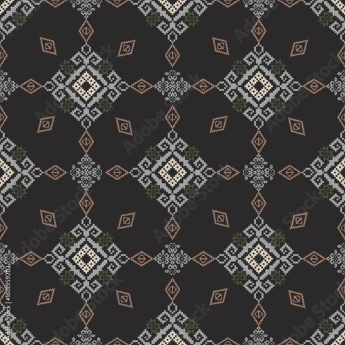Cream and brown cross-stitch ethnic boho seamless pattern. Tribal ornament. Patchwork texture. Weaving. Traditional ornament. Tribal pattern. Ukrainian traditional embroidery. Pixel pattern. Pixel pat