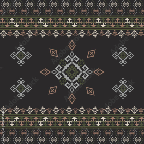 Dark-colored ethnic boho seamless pattern. Tribal ornament. Patchwork texture. Weaving. Traditional ornament. Tribal pattern. Ukrainian traditional embroidery. Pixel pattern. Cross stitch pattern.