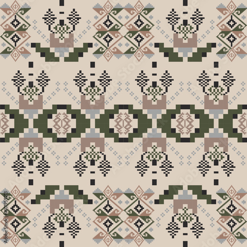 Green and cream cross-stitch ethnic boho seamless pattern. Tribal pattern. Folk motif. Ukrainian traditional embroidery. Pixel pattern. Ideas for wallpaper, surface textures, and textiles.