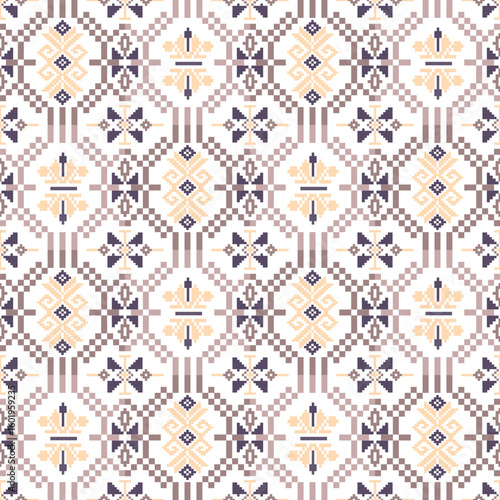 Light-colored cross-stitch ethnic boho seamless pattern. Tribal pattern. Folk motif. Ideas for textiles, tiles, and wallpaper. Pixel pattern. Ukrainian traditional embroidery. 