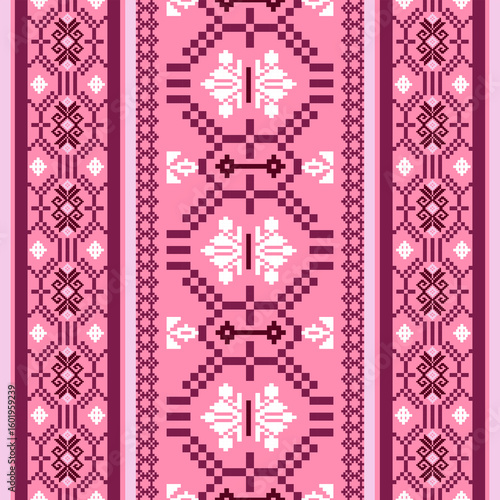 Pink ethnic seamless pattern. Aztec ornament. Boho style. Cross-stitch, pixel pattern. Ukrainian traditional embroidery.  Ideas for wallpaper, surface textures, and textiles.