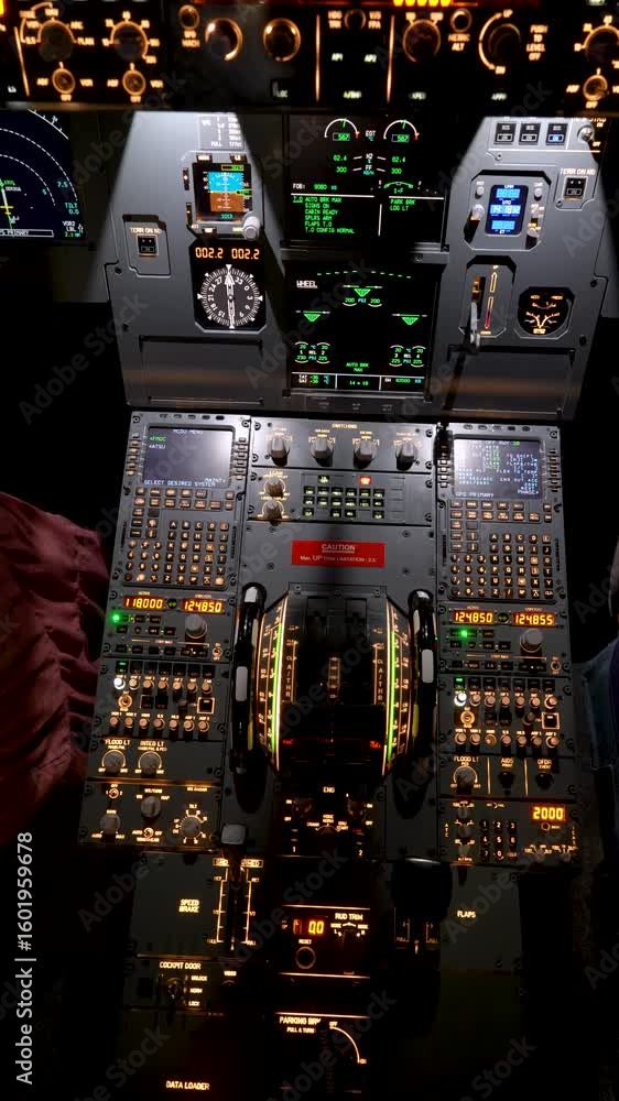 Vertical: view inside of an Airbus A320 cockpit during flight, medium ...