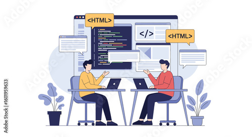 Two developers collaborating on a web development project together using laptops and coding software on a screen display