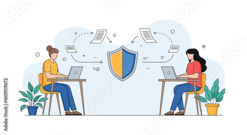 Secure data exchange between two individuals working remotely on laptops protected by a shield concept