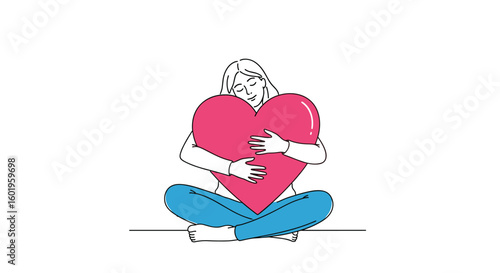 Illustration of a person sitting cross-legged and hugging a large pink heart with their eyes closed in a gesture of self-love and acceptance