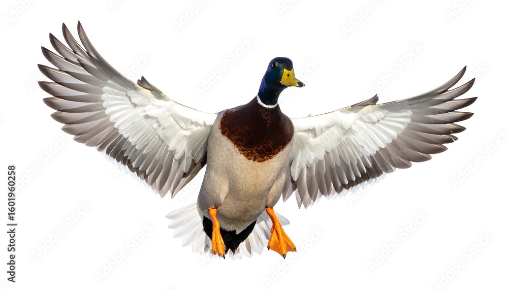 Obraz premium Mallard duck in flight against white background