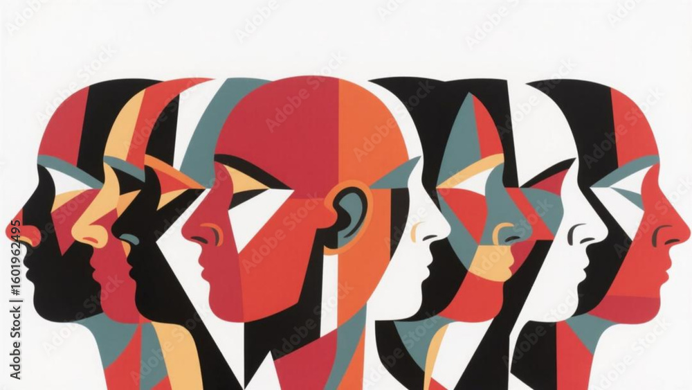 Obraz premium Abstract Geometric Portrait of Multiple Faces in Profile