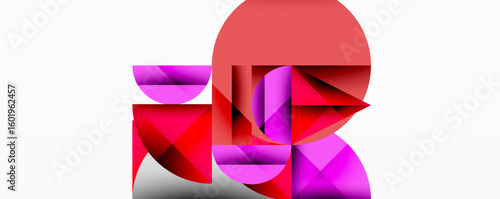 Abstract geometric composition. Shapes overlap, creating dynamic visual interest. Red, pink hues dominate white background. Modern design.