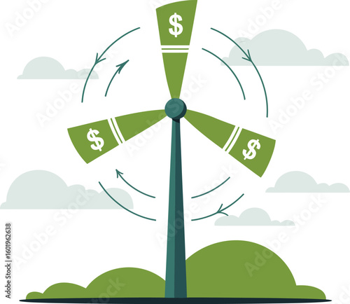 Green wind turbine with dollar signs on blades symbolizing renewable energy and financial investment
