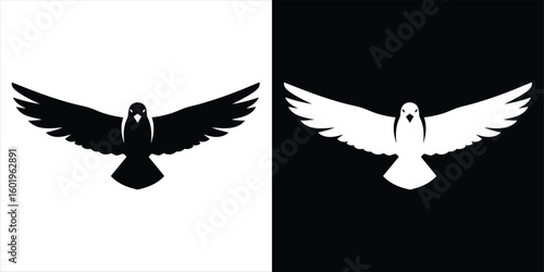 Black and white dove silhouette icon flying bird symbol with spread wings vector graphic.