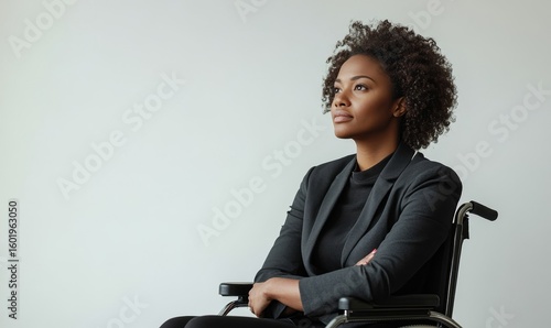 Disabled Black businesswoman in a wheelchair against a white background. Successful and ambitious African American young female entrepreneur with a disability, Generative AI