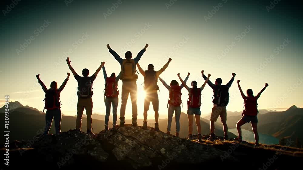 Group Of Hikers Celebrating On Mountain Peak During Sunset With Backdrop Of Majestic Mountain Range Group Of Hikers Celebrating On Mountain Peak During Sunset With Backdrop Of Majestic Mountain Range