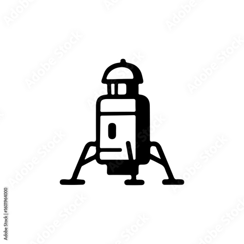Black and white vector icon of a space landing module with support legs. Ideal for space tech, astronomy, and sci-fi themed designs