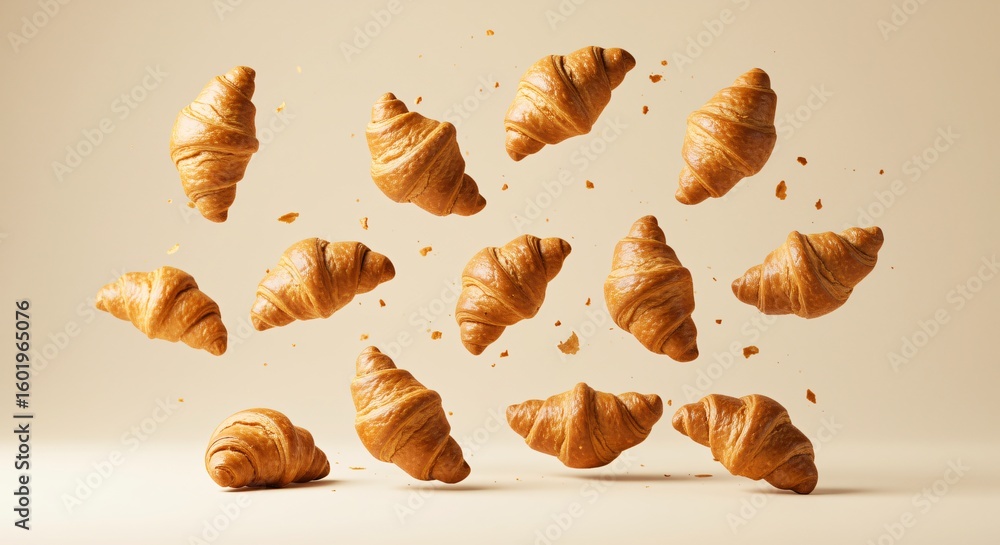 Fototapeta premium Delicious Golden Brown Croissants Falling on Beige Background Bakery Food Photography