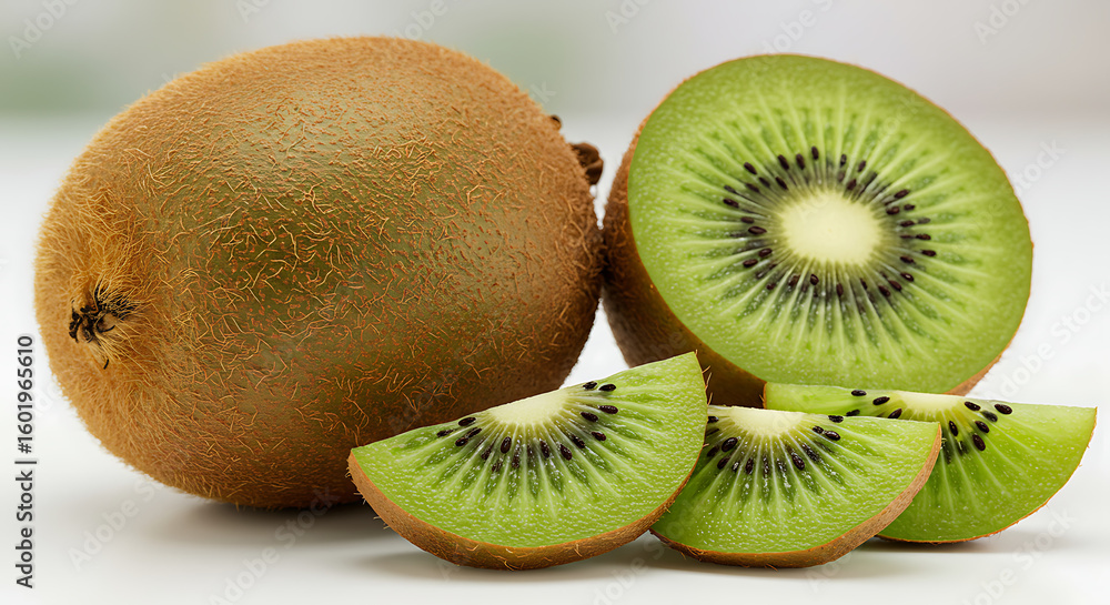 Fototapeta premium Fresh whole and sliced kiwi fruit isolated on white background, tropical healthy food concept