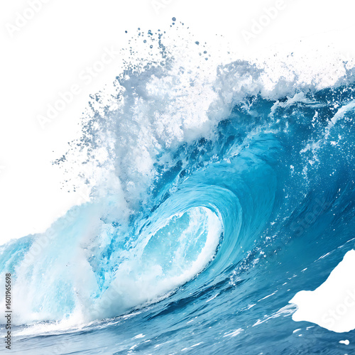 Powerful blue ocean wave crashing with white foam and splashing water isolated on transparent background
