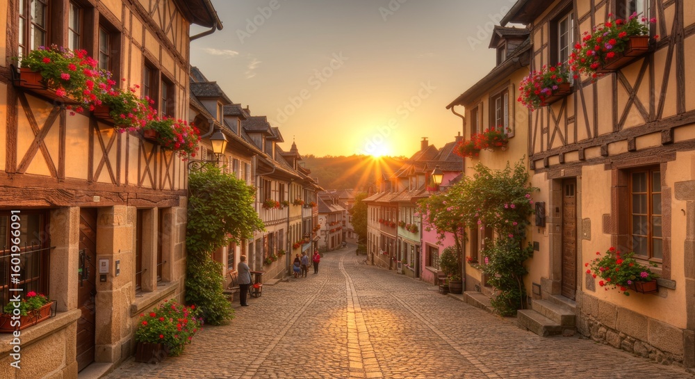 Fototapeta premium Charming cobblestone street in a picturesque European village at sunset, with half-timbered houses and flower boxes.