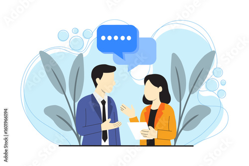 Two business people discussing ideas with speech bubbles, casual office conversation illustration.