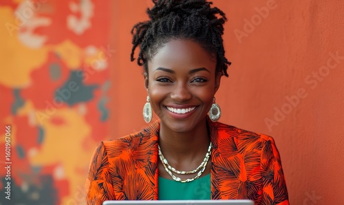 Inclusive image of happy Black female digital nomad working remotely on a laptop. Smiling candid African American laughing on virtual video call meeting. Inclusive and flexible, Generative AI
