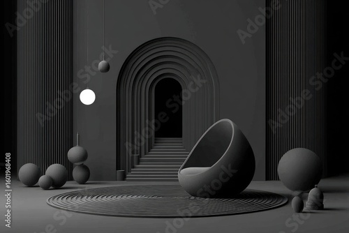 Dark, minimalist, architectural scene.  A sculpted, dark gray interior with layered arches, a smooth,  seated form, and spheres