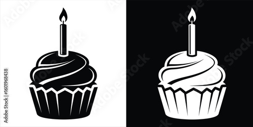 Stylized birthday cupcake with a single lit candle, monochrome vector illustration icon.