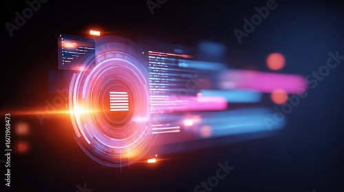 Futuristic digital design with vibrant colors and circular patterns, representing technology and data flow.