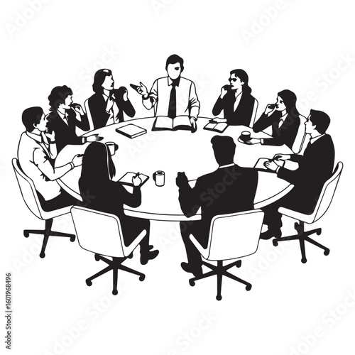 Diverse group of professionals in a business meeting around a large oval table discussing ideas